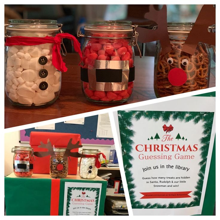 three jars filled with candy and christmas themed items next to a sign that says the christmas guesting game