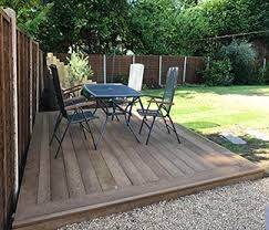 a table and chairs sitting on top of a wooden deck next to a fenced in yard