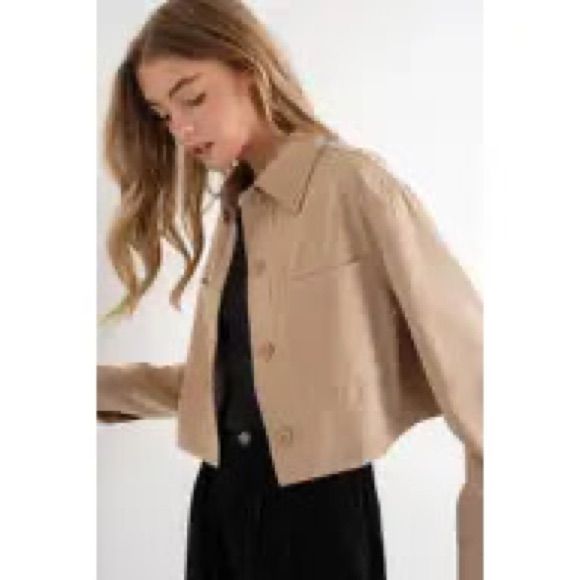 Khaki Cropped Jacket Polyester Cropped Button Up Trendy Collared Cropped Jacket With Button Cuffs, Trendy Cropped Jacket With Button Cuffs And Collar, Beige Utility Jacket With Lapel Collar And Buttons, Trendy Outerwear With Buttoned Pockets And Lapel Collar, Spring Cropped Collared Jacket With Snap Buttons, Single Breasted Collared Cropped Jacket For Fall, Spring Button-up Work Outerwear, Trendy Cropped Jacket With Button Cuffs For Fall, Beige Collared Outerwear With Buttons