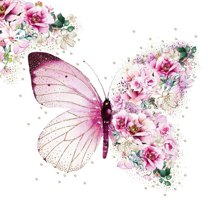 a butterfly with pink flowers on it's wings is flying in the air over a white background