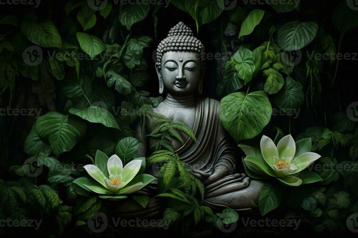 buddha statue surrounded by green plants and white flowers in front of a black background with leaves