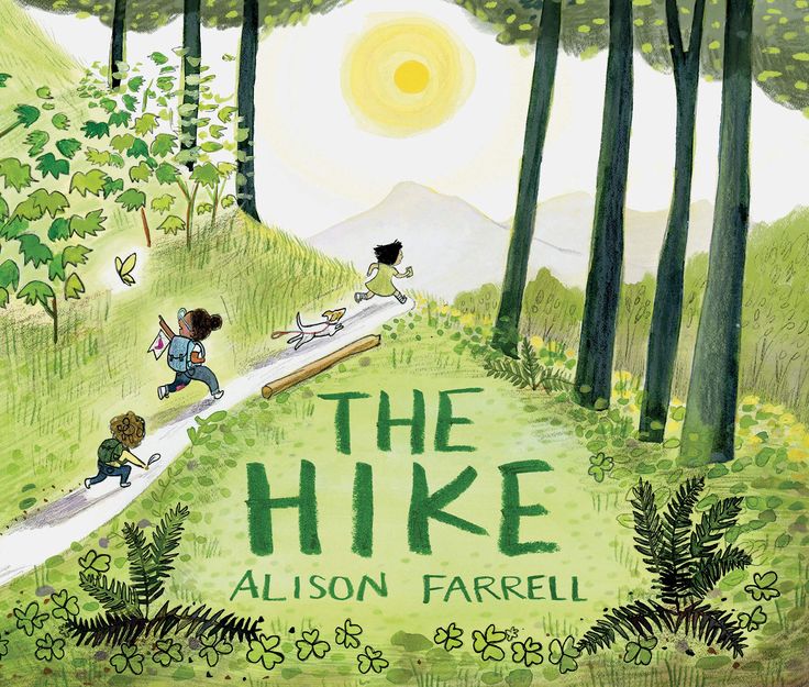 the hike book cover with children running down a path in front of trees and mountains