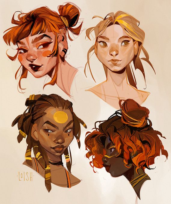 some very pretty drawings of women with different hair styles