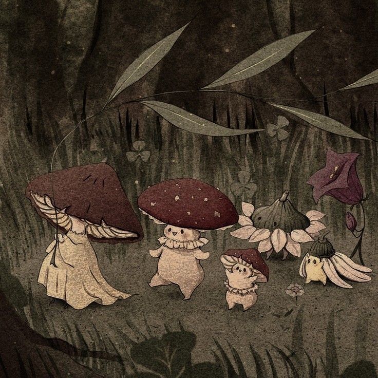 an image of three people walking in the woods with mushrooms and flowers on their heads