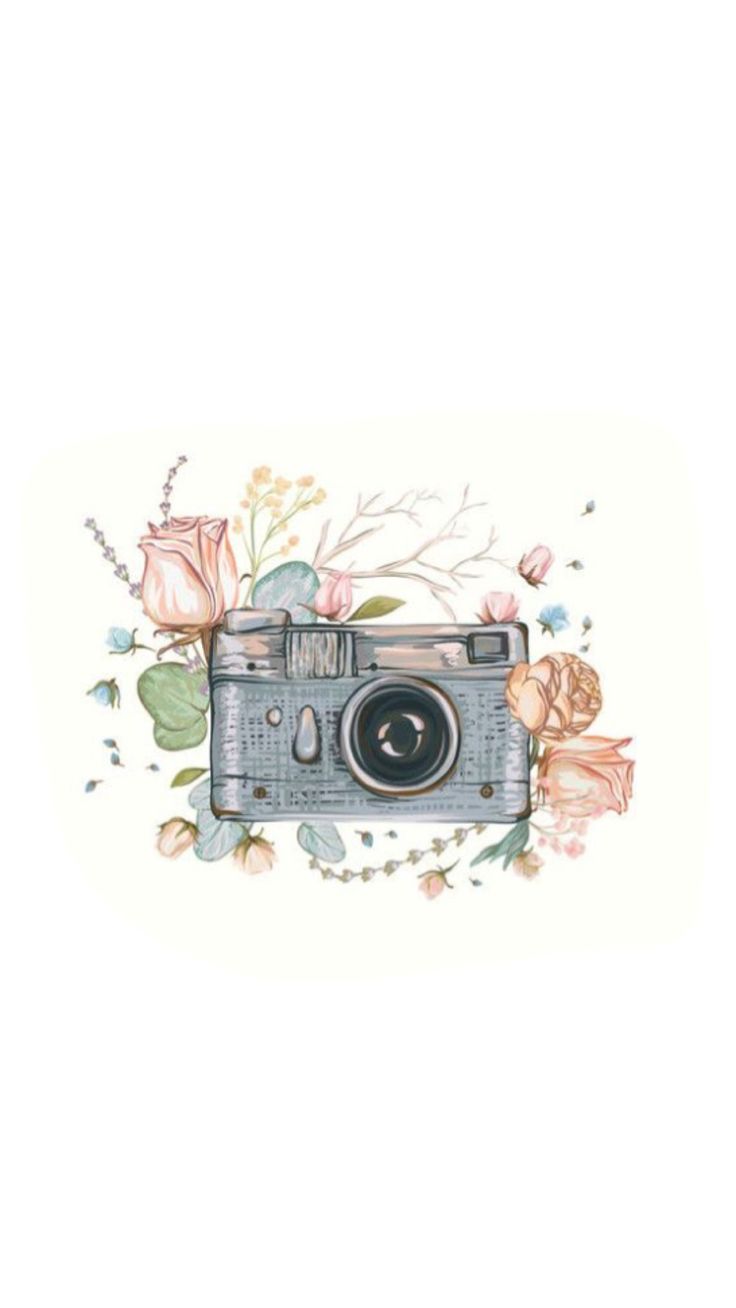 an old camera with flowers and leaves on the front is shown in this watercolor drawing