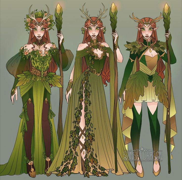 three women dressed in green and gold with flowers on their heads, one holding two torches