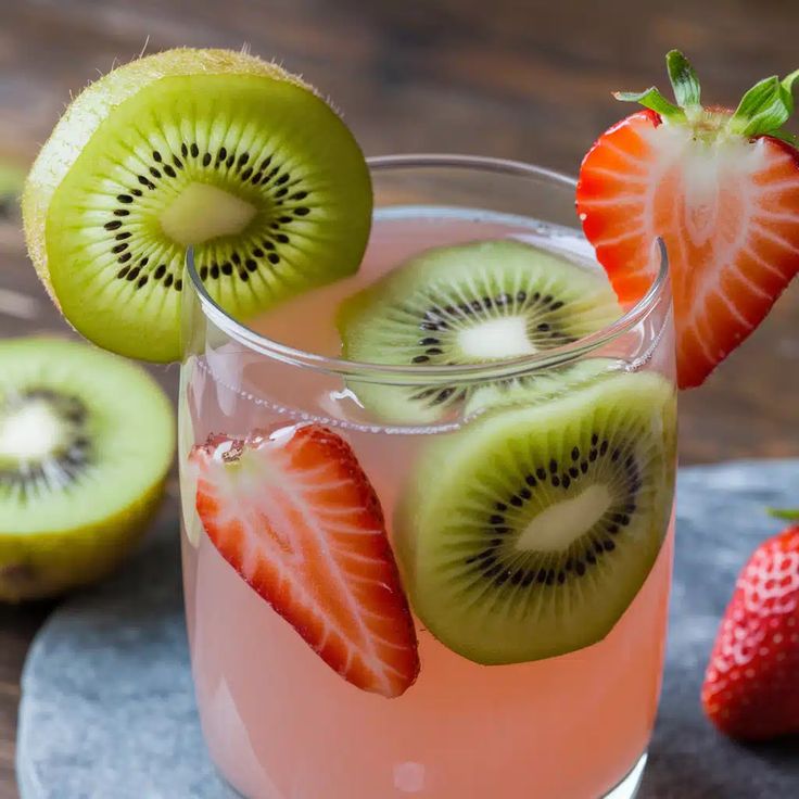 Kiwi Strawberry Mocktail Kiwi Mocktail, Kiwi Lemonade, Strawberry Mocktail, Kiwi Drink, Shower Punch, Summer Mocktails, Baby Shower Punch, Kiwi Strawberry, Strawberry Kiwi