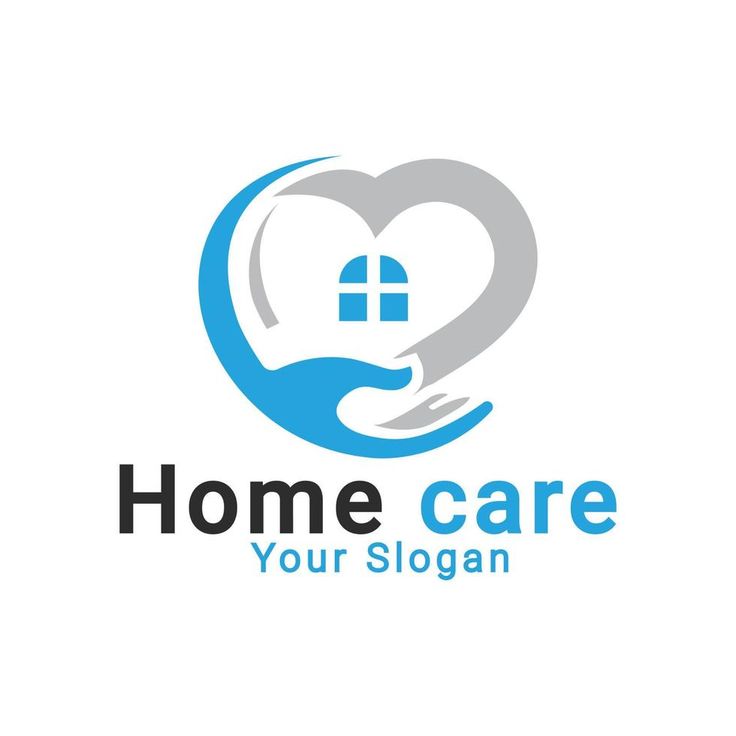 the logo for home care is shown in blue and gray colors with hands holding a house