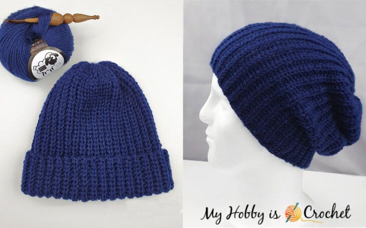 a crocheted hat with a ball of yarn next to it on a mannequin head