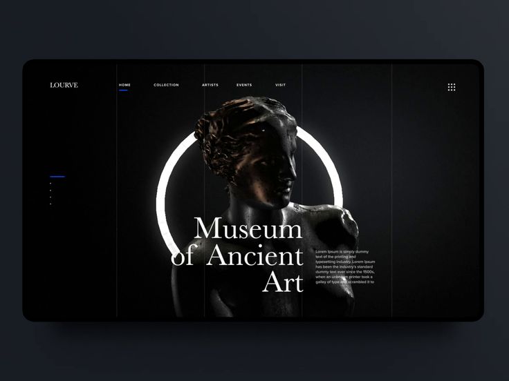 the museum of ancient art website is displayed on a dark background with an image of a woman's head