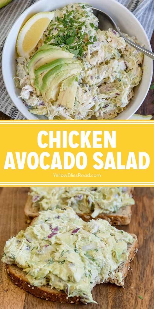 chicken avocado salad in a white bowl with bread