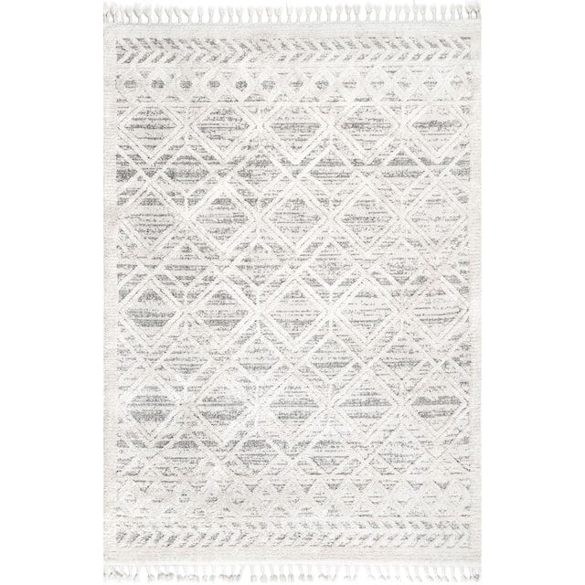 a white and grey rug with fringes on the bottom, in front of a white background