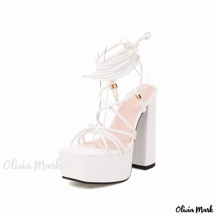 Olivia Mark - Candy-colored Strappy Waterproof Platform Sandals with Super High Heels Trendy White Heels With Eva Material, White Round Toe Heels With Eva Material, White Open Toe Heels With Eva, White Open Toe Eva Heels, White Ankle Strap Sandals With Reinforced Heel, White High Heel Synthetic Sandals, White Strappy Beach Heels, White Strappy Heels For Beach, White High Heel Sandals With Reinforced Heel