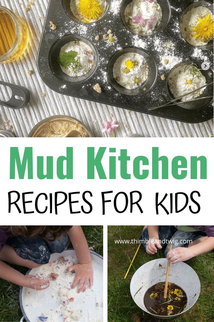 kids making muffins with the words mud kitchen recipes for kids on top and bottom