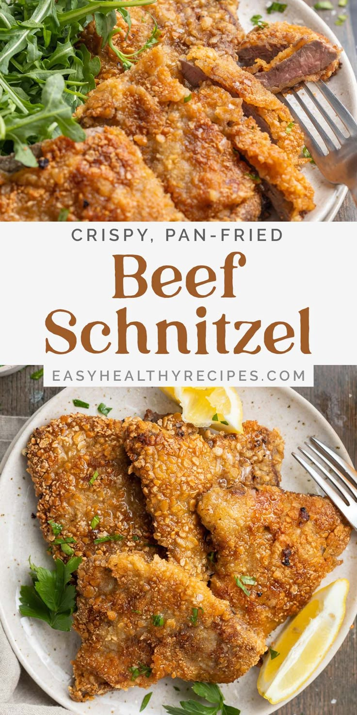 crispy pan fried beef schnitzel on a white plate