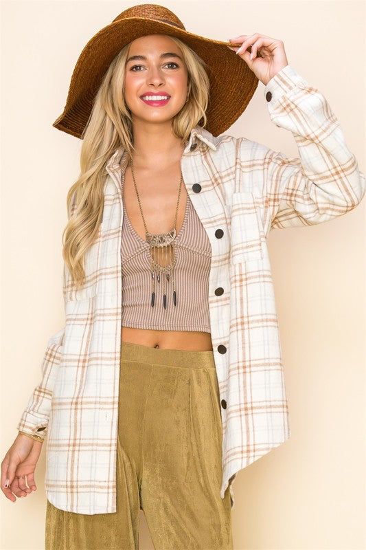 Meet the Rocky Mountain Plaid Jacket in beige and brown! So comfy + cozy. That relaxed + loose fit that is so effortlessly flattering. Think, Free People vibes. Throw it on over anything to up-level and add the coolest vibe. Yep, you'll be living in it all season long! There's not a big difference between the small, medium and large. - Styled with our Santa Fe Hat in Taupe -Cool girl vibes-The coolest plaid pattern we've ever seen-Prettiest colorway-- warm + cool tones of beige + brown-So warm + Trendy Beige Long Sleeve Shacket, Casual Cream Button-up Shacket, Beige Relaxed Fit Button-up Shacket, Casual Oversized Neutral Shacket, Everyday Neutral Shacket, Beige Button-up Shacket For Fall, Neutral Button-up Shacket For Fall, Oversized Cream Shacket For Everyday, Brown Winter Shacket For Everyday Wear