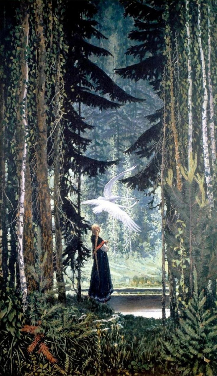 a painting of a woman standing in the middle of a forest with an angel above her head