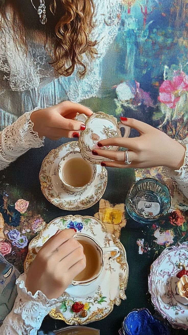 two women sitting at a table with tea cups and saucers on it, holding hands