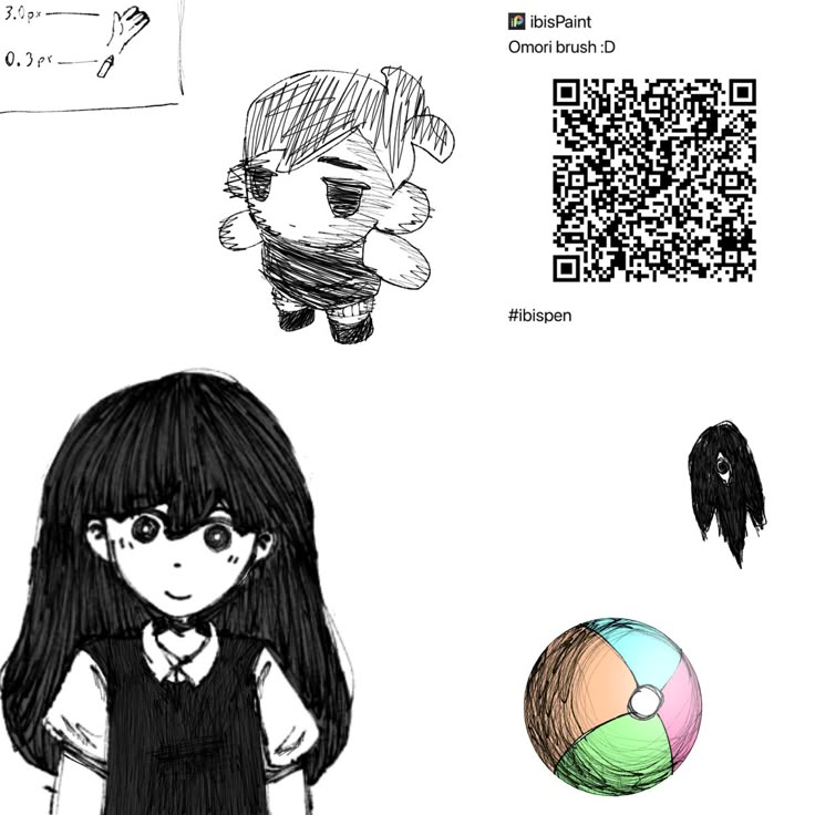 a drawing of a girl with long black hair next to a ball and qr code