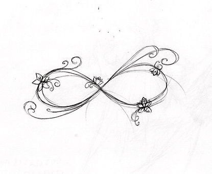 a drawing of an infinite sign with swirls and flowers on the side, in black ink