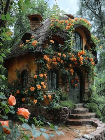 a small house with flowers growing on it's roof and steps leading up to the door