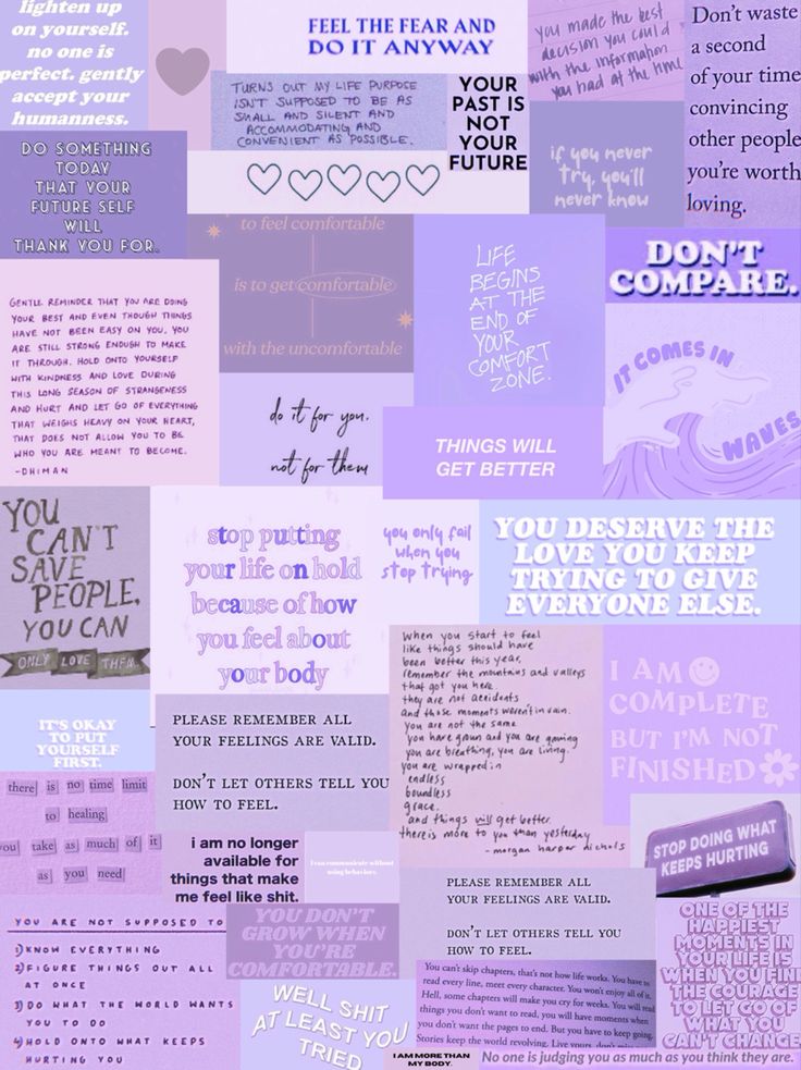 a collage of different types of words and phrases in purple, blue, and pink