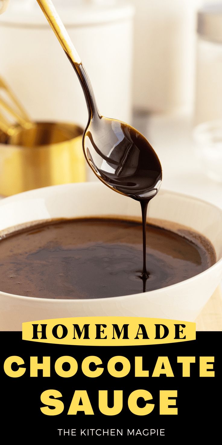 homemade chocolate sauce being poured into a white bowl