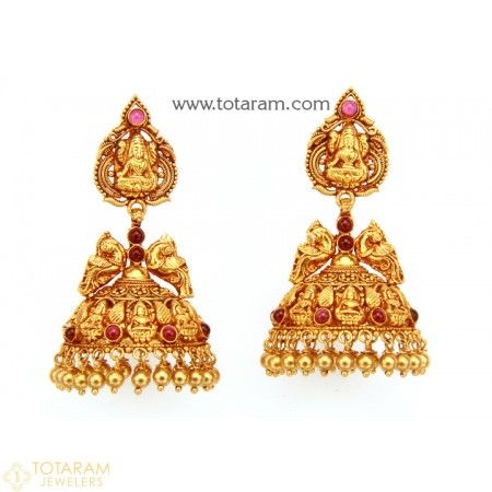 Temple Jewellery - 22K Gold 'Lakshmi' Jhumkas - 22K Gold Dangle Earrings - 235-GJH1517 - Buy this Latest Indian Gold Jewelry Design in 20.700 Grams for a low price of $1,182.20 Temple Jewellery Gold, Bharatanatyam Jewellery, Indian Temple Jewellery, Gold Jewelry Design, Gold Long Earrings, Gold Jhumkas, Indian Gold Jewellery Design, Temple Jewellery Earrings, Indian Gold Jewelry