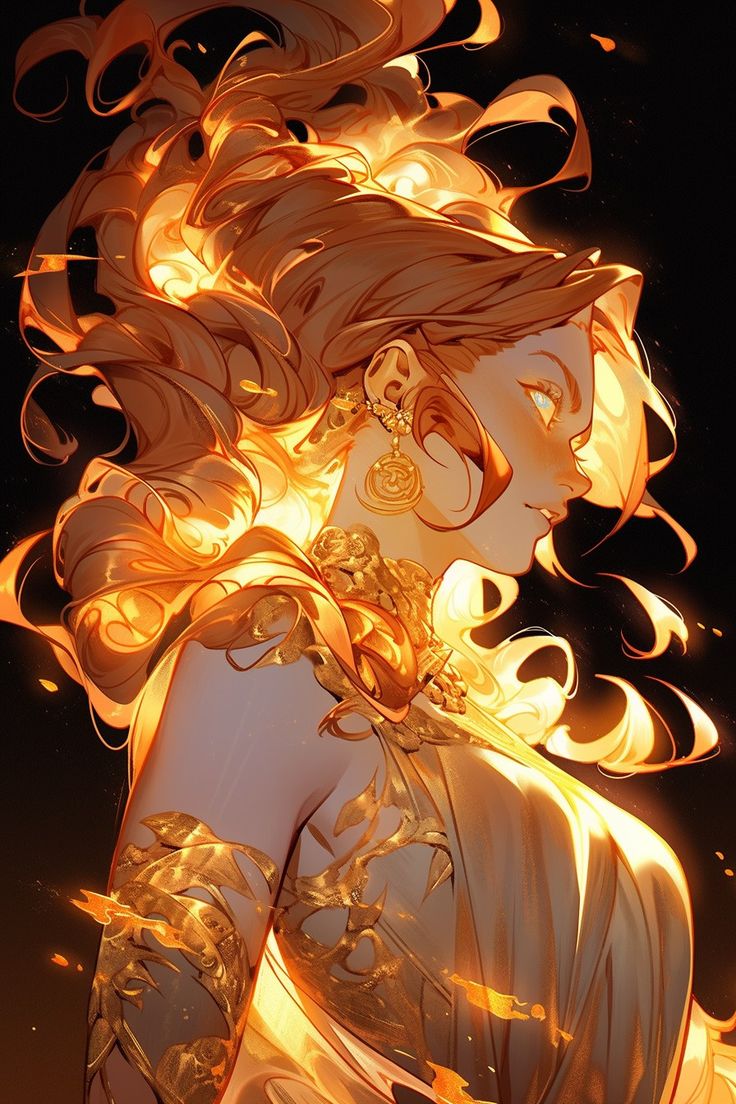 a woman with long hair and flames on her face