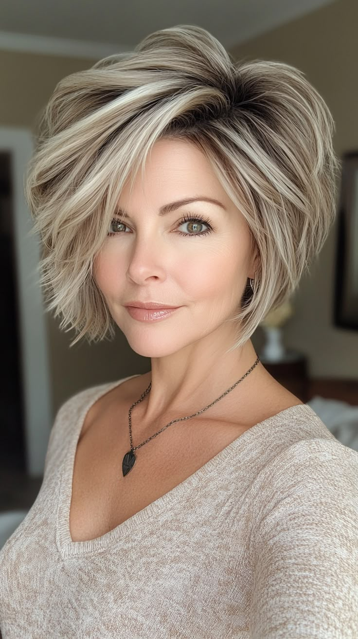 Short Hairstyles for Women Over 50 Hi Lo Haircut Women, Long Pixie For Thick Hair, Short Bob With Side Swept Fringe, Wedge Bob Haircuts, Haircuts For Thick Hair Short, Thick Hair Short Hairstyles, Short Haircuts For Thick Hair, Choppy Bob With Bangs, Thick Hair Short