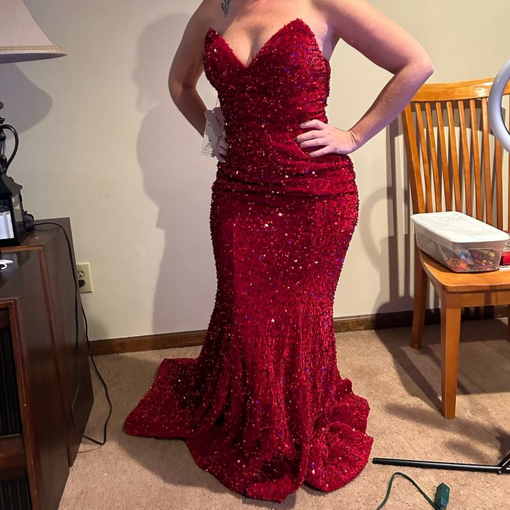 Beautiful Elegant Dress Sure To Be A Show Stopper. Color Is Bright Red Covered In Sequins. Has The Tags Still On It. Red Prom Dress Plus Size, Red Dress With Train, Elegant Red Dresses, Elegant Red Dress, Dress With Train, Prom Dress Plus Size, Health Knowledge, Elegant Red, Dresses Elegant