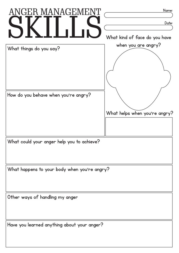 the anger management skills worksheet is shown in black and white, with an image of