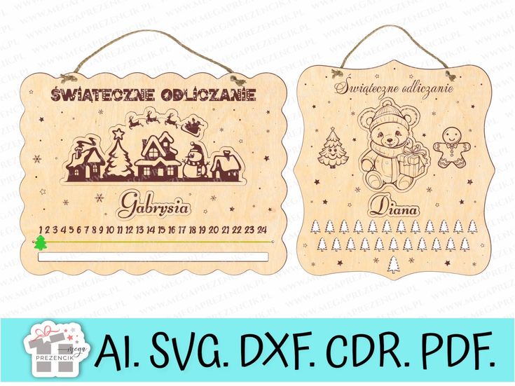 two wooden tags with christmas characters on them