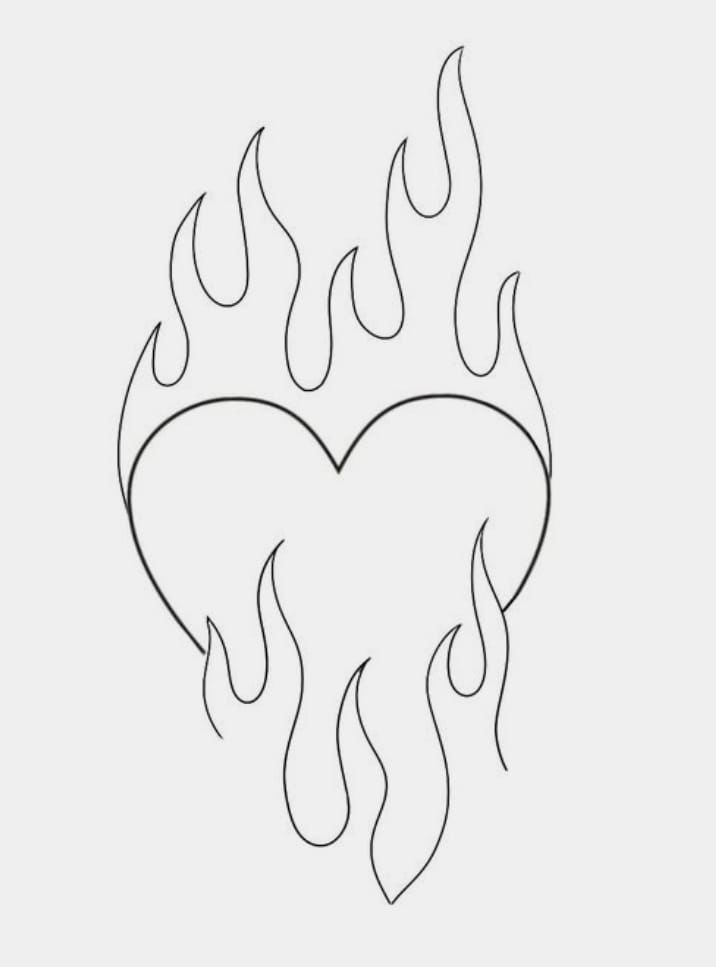 the outline of a heart with flames coming out of it's center, on a white background