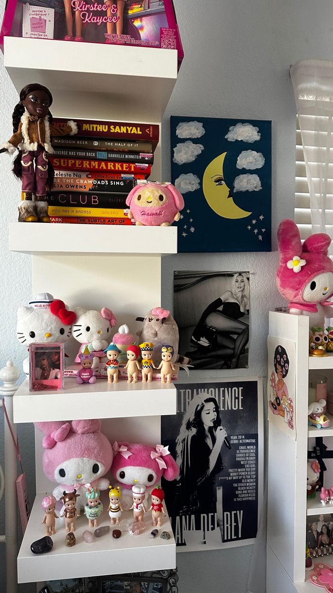 there are many hello kitty toys on the shelves in this room, including books and stuffed animals