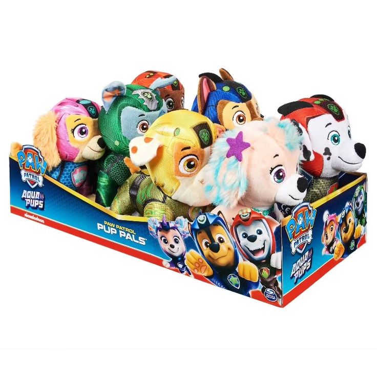 the paw patrol plush toys are in a box