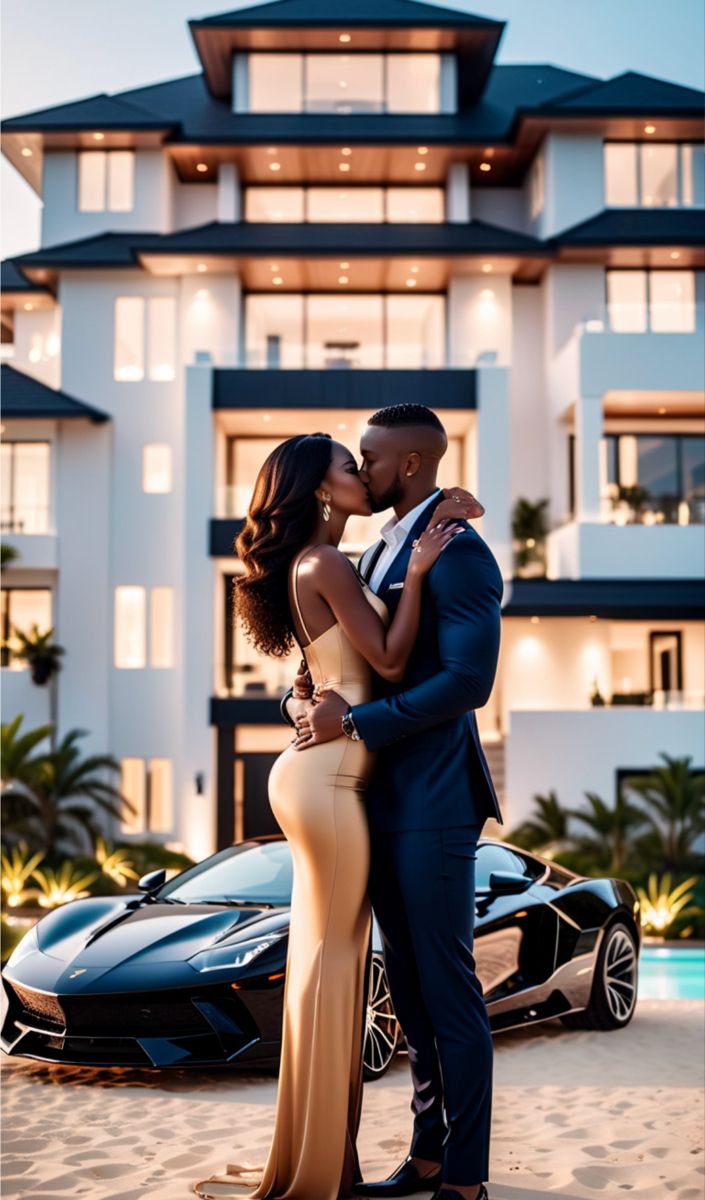 a man and woman standing in front of a house next to a black sports car