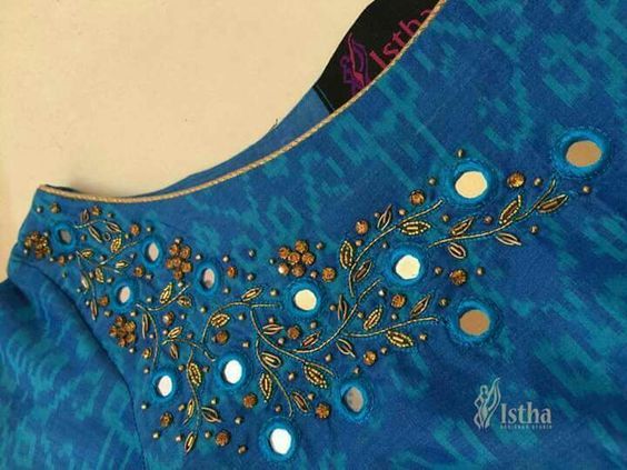 Embroidery Dress Designs, Mirror Work Dress, Mirror Work Blouse Design, Mirror Work Blouse, Mirror Embroidery, Churidar Designs, Cutwork Blouse Designs, Embroidery On Kurtis, Kurti Embroidery Design