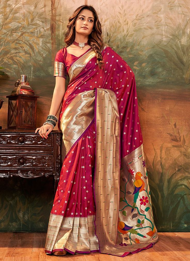 Maroon Pure Silk Festival Wear Paithani Saree pavitrapaithanisilk 86001 Desc: Description Maroon Pure Paithani silk saree with zari weaving .The blouse comes as unstitched material. Browse our stunning collection of festive wear and wedding silk sarees at KollybollyethnicS and enjoy complimentary worldwide shipping. Theres no need for a minimum order or coupon code. Elevate your festive spirit with our exquisite silk sarees this season. This Diwali weve introduced a wide array of budget... Paithani Silk Saree, Paithani Saree, Weaving Designs, Trendy Sarees, Madurai, Silk Sarees Online, Mysore, Saree Look, Traditional Sarees