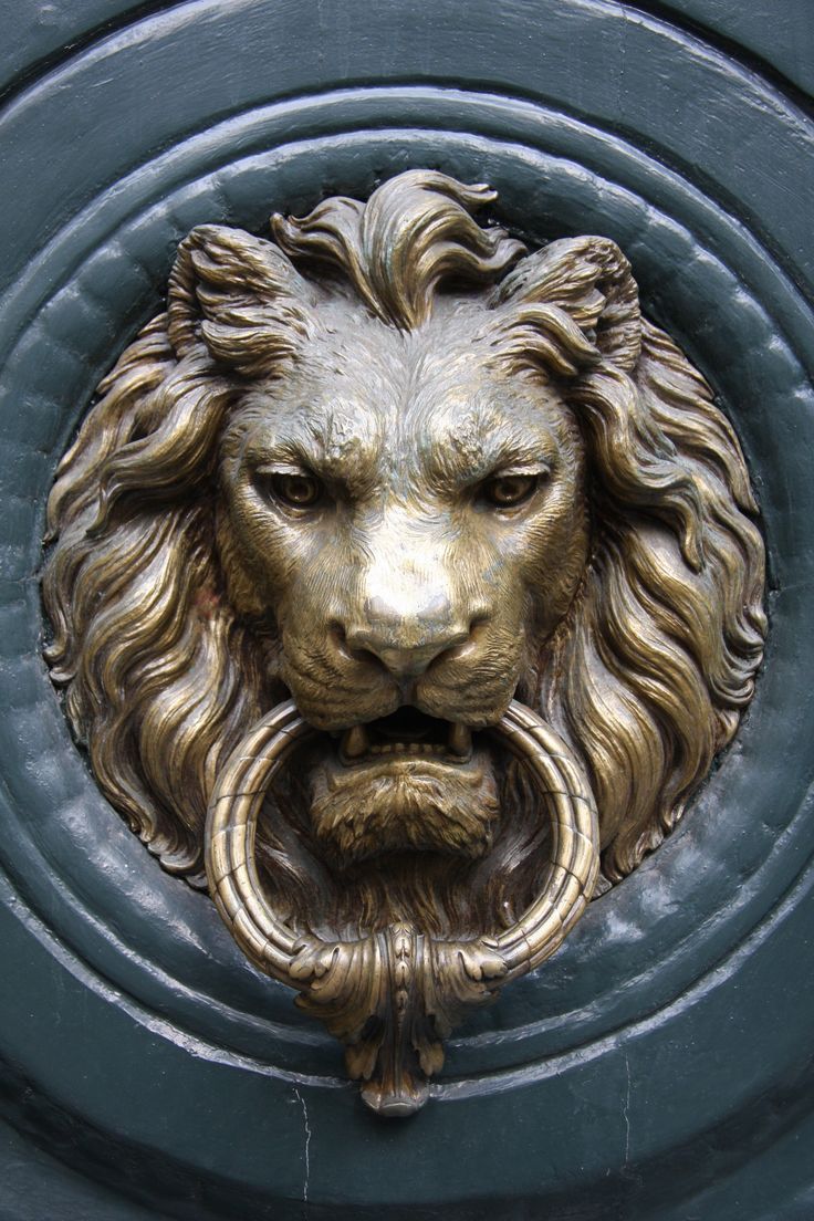 a lion's head on the front door of a building