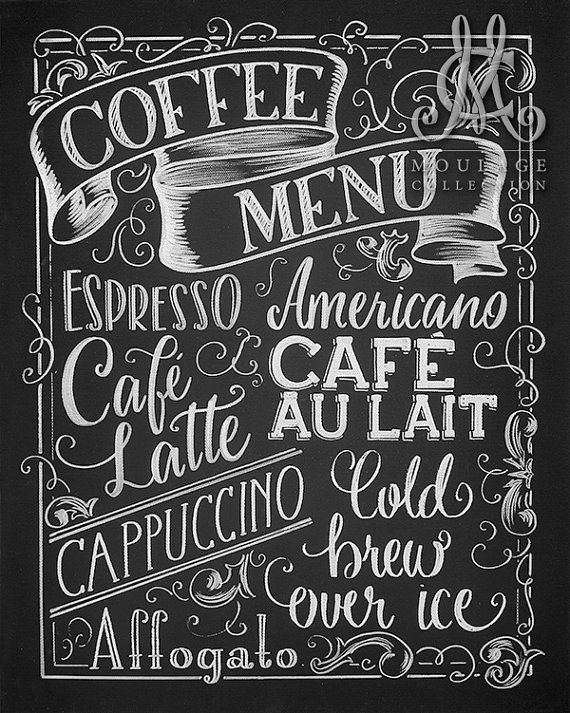 coffee menu written in chalk on a blackboard with an ornate frame around the edges