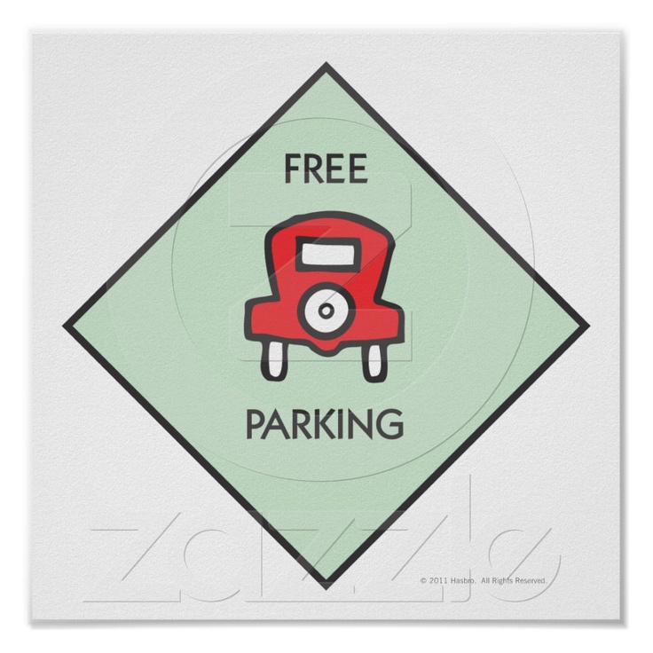 a sign that says free parking with a red car in the center and green diamond behind it