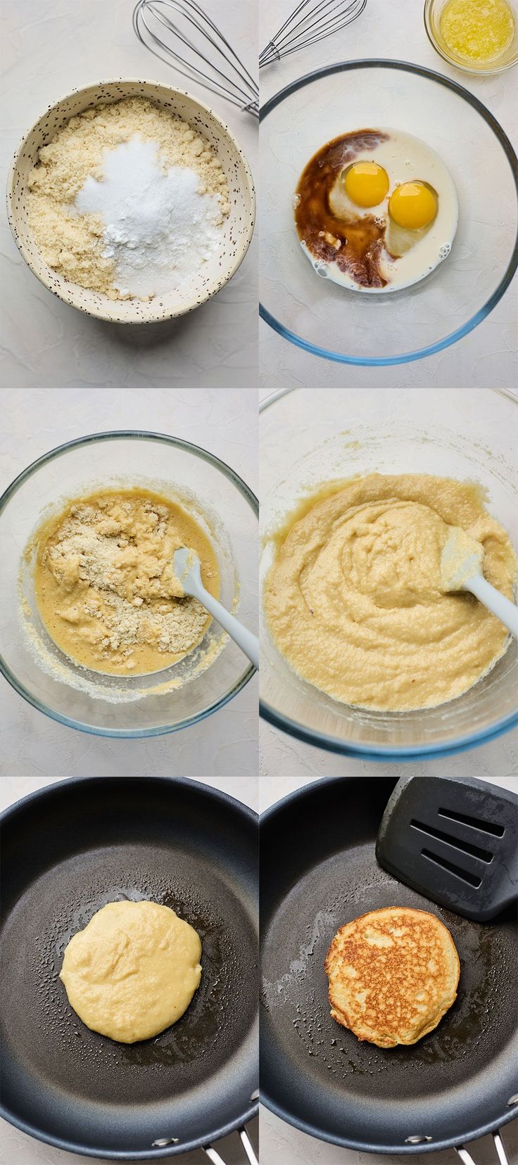 the process for making pancakes is shown in three separate pans with eggs and flour