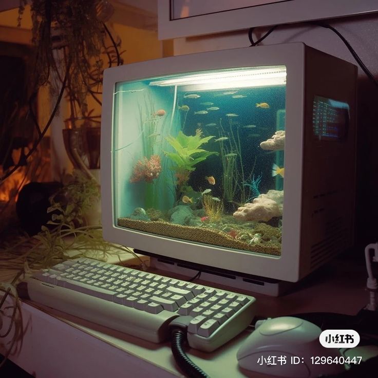 an old computer monitor sitting on top of a desk next to a keyboard and mouse