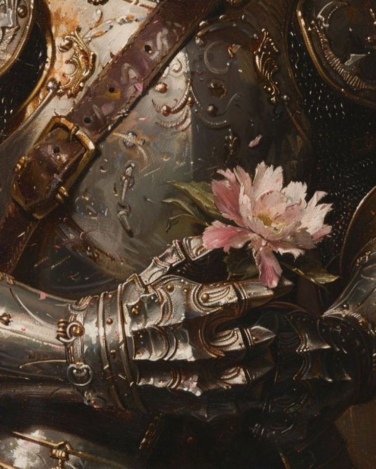 a close up of a metal armor holding a flower