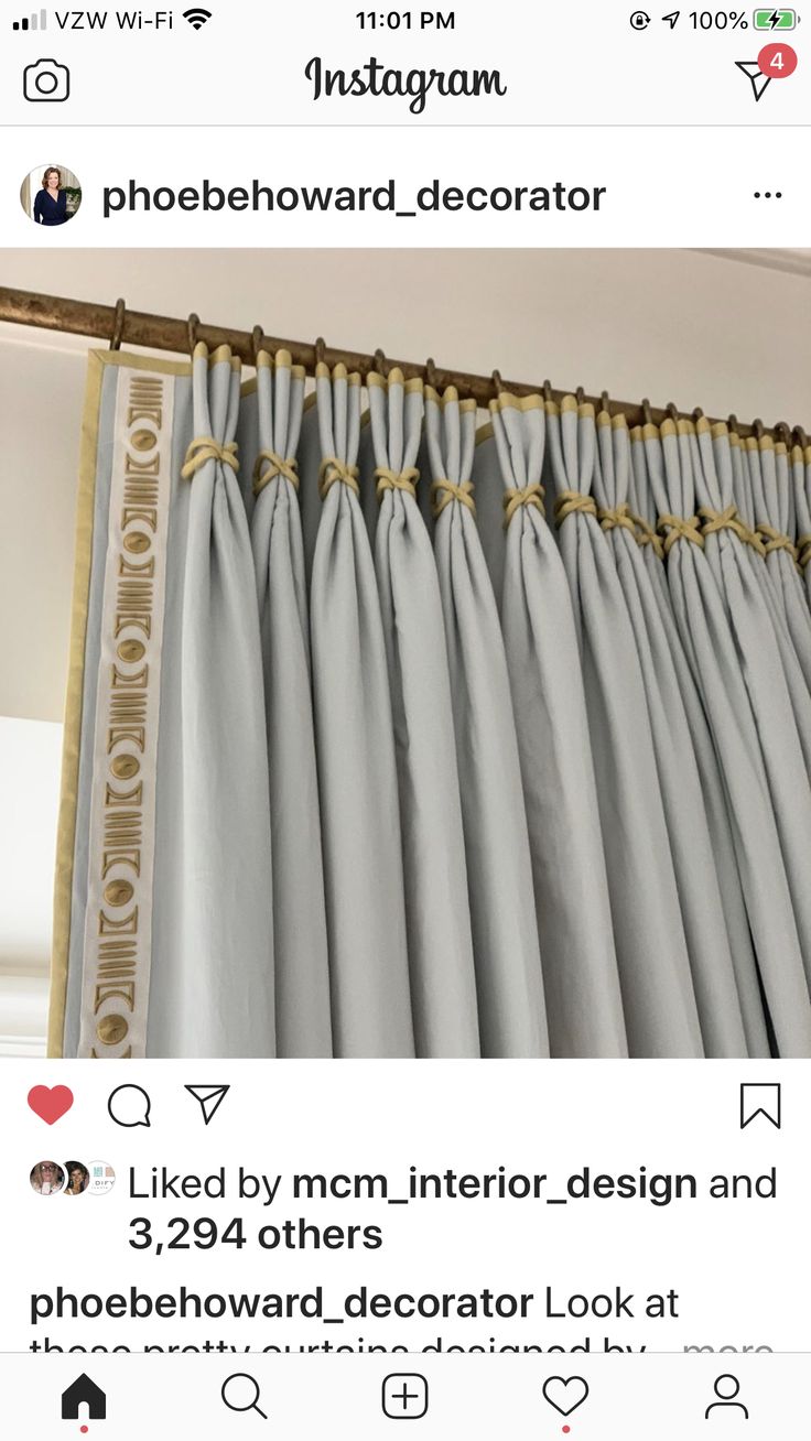 two tweets showing the same curtains with gold trimmings on each side