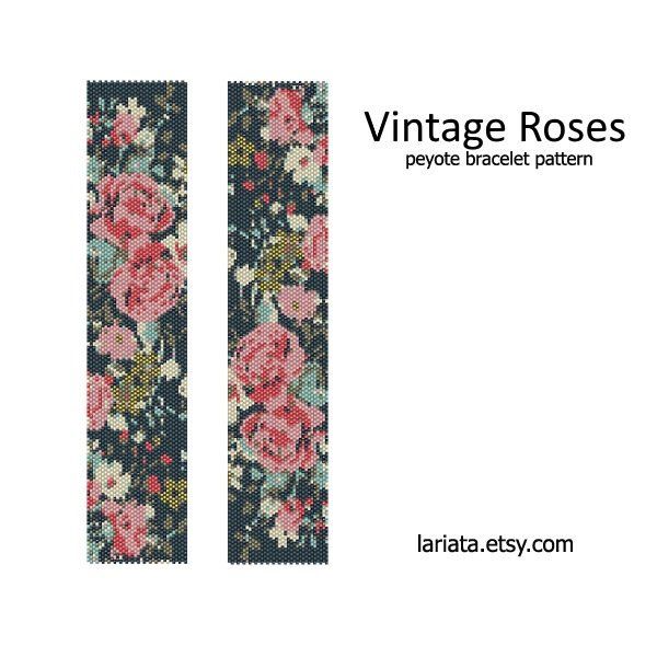 the vintage roses bracelet pattern is shown in black and pink flowers with green leaves on them