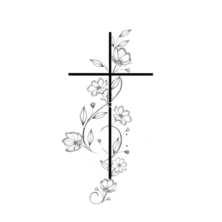 a cross with flowers and vines on it, drawn in black ink by the artist