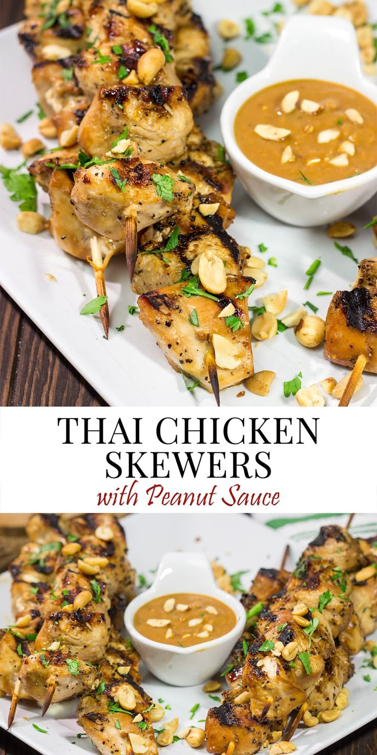 grilled chicken skewers with peanut sauce on a white plate