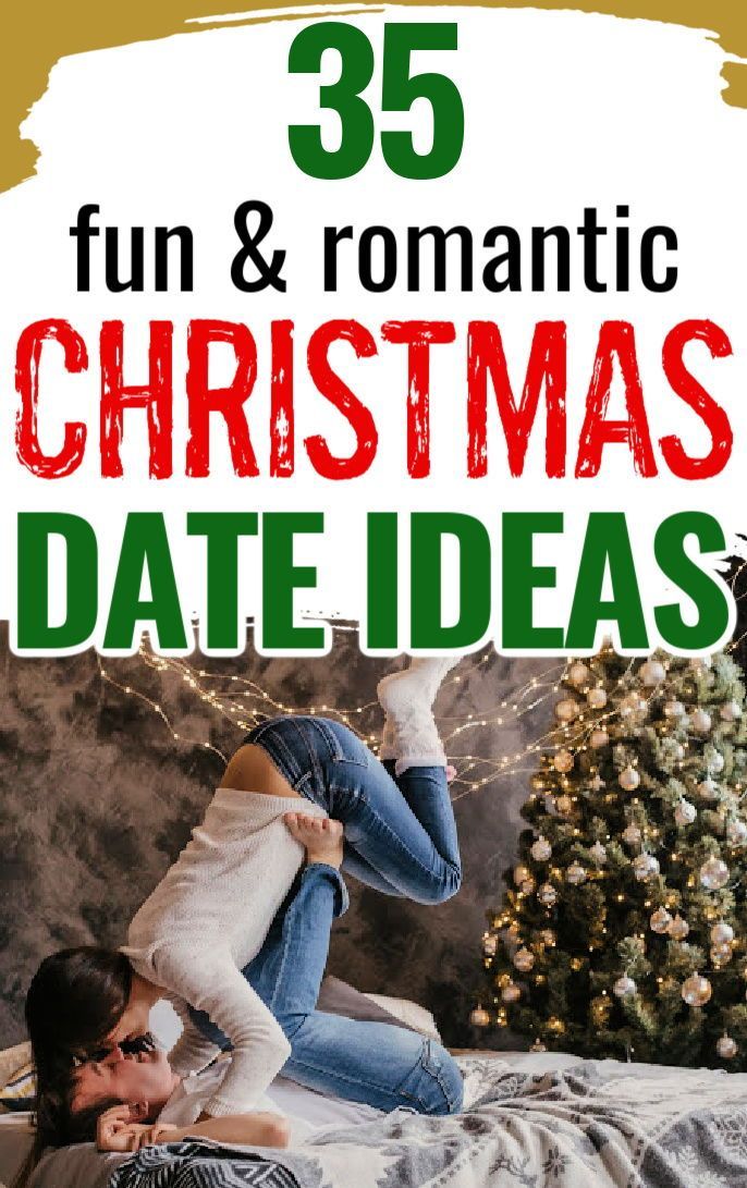 a man and woman laying on top of a bed next to a christmas tree with text overlay that reads 35 fun & romantic christmas date ideas